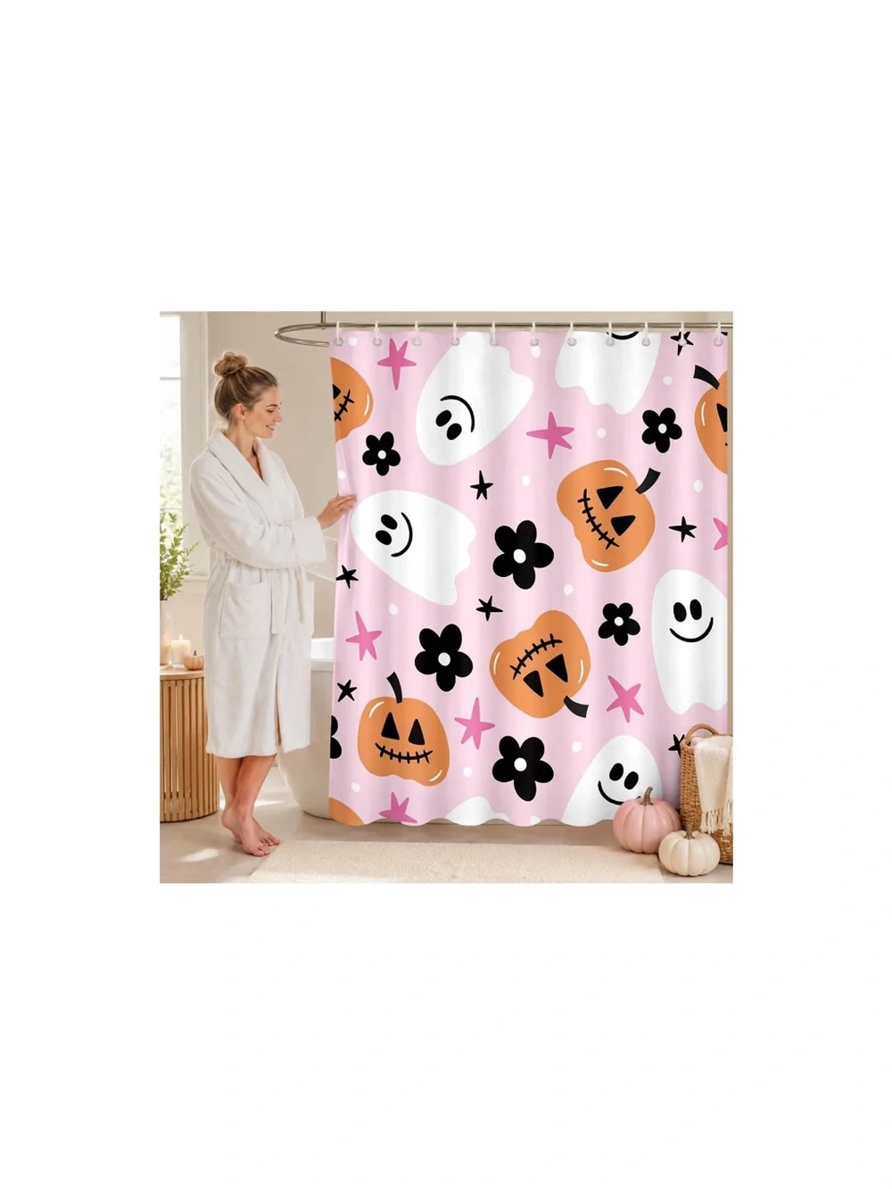 Happy Halloween Shower Curtain, Polyester Bath Decor, Cute Cartoon Ghost Pumpkin